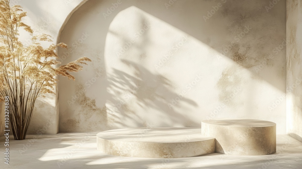 Minimal podium with air floating geometric. serene interior with circular podiums and soft shadows, featuring dried plants Minimal podium with air floating geometric. serene interior with circular podiums and soft shadows, featuring dried plants