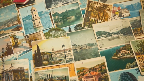 A pile of vintage postcards showing scenic coastal views.