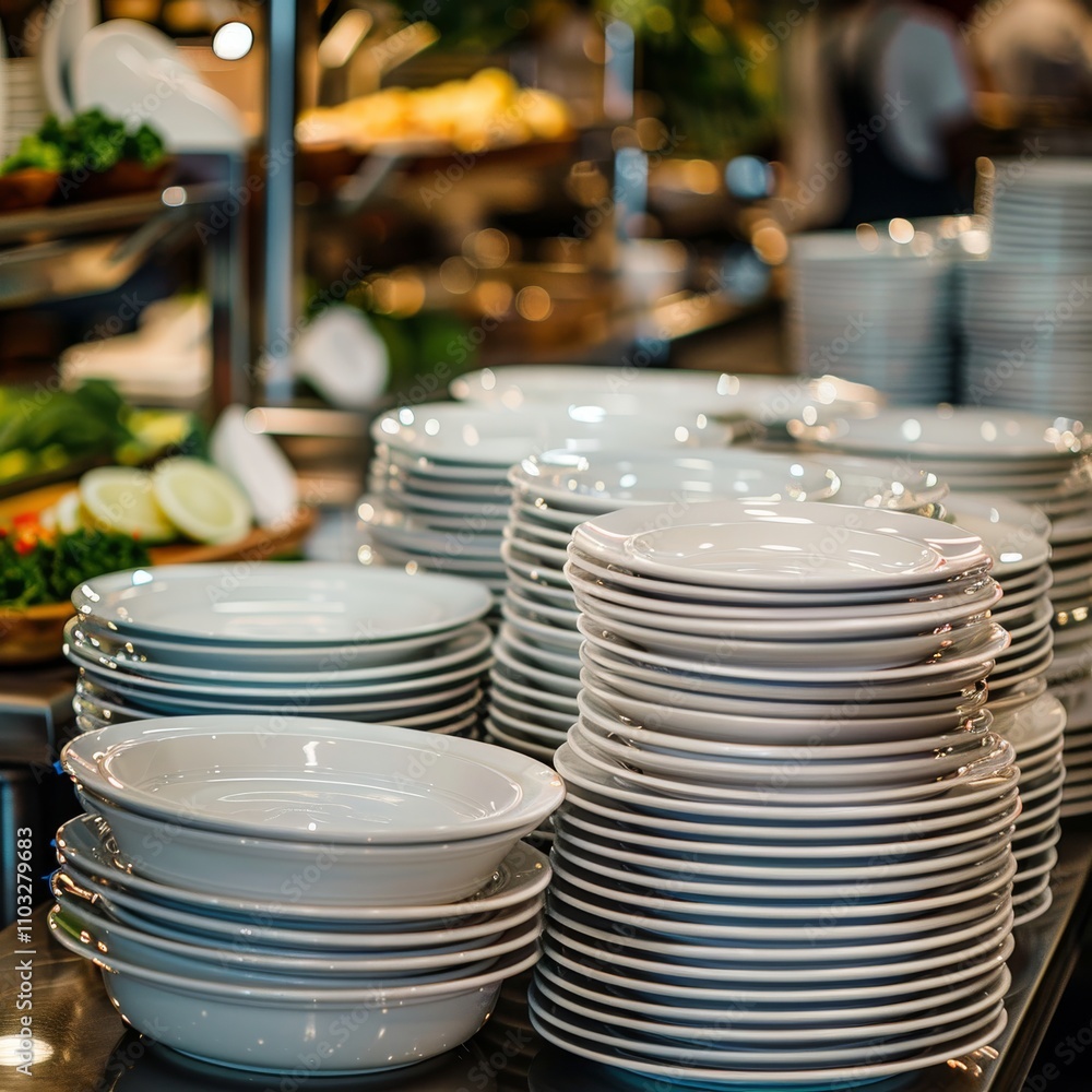 Stacks of Clean Plates at Hotel Breakfast Buffet, White Plates Stacks of Clean Plates at Hotel Breakfast Buffet, White Plates