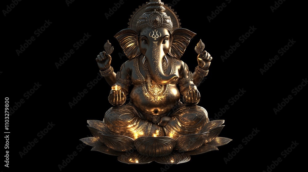 Elegant bronze statue of Lord Ganesha sitting on a lotus, showcasing intricate carvings and detailed features, perfect for spiritual or cultural themes in art and decor. Elegant bronze statue of Lord Ganesha sitting on a lotus, showcasing intricate carvings and detailed features, perfect for spiritual or cultural themes in art and decor.