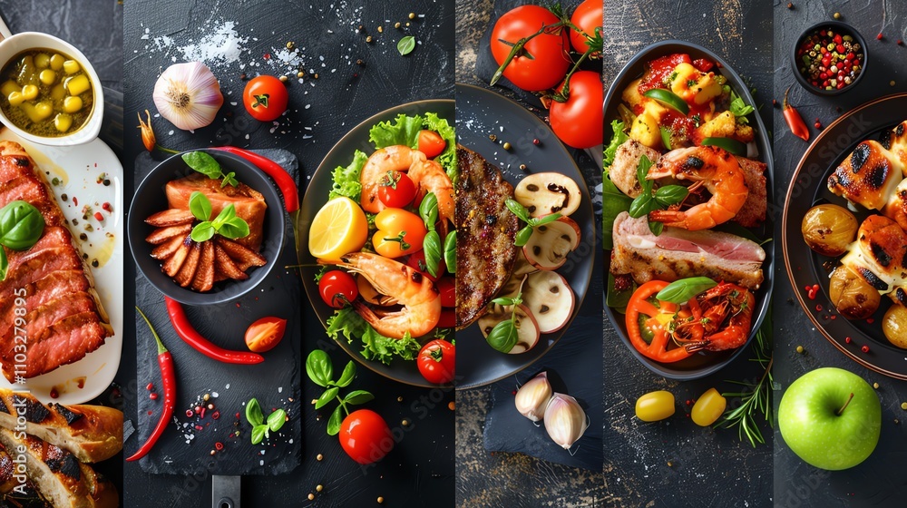 A collage of five different dishes: grilled steak with bread, salmon, shrimp and grilled vegetables, grilled chicken and shrimp, and grilled halloumi cheese with roasted potatoes. A collage of five different dishes: grilled steak with bread, salmon, shrimp and grilled vegetables, grilled chicken and shrimp, and grilled halloumi cheese with roasted potatoes.