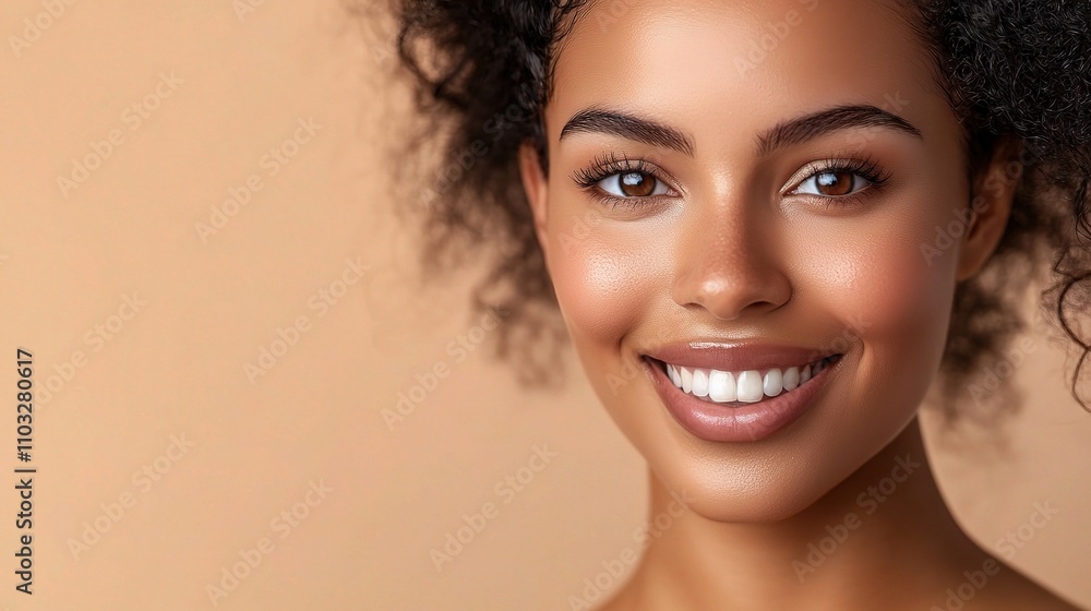 Smiling Woman with Natural Beauty and Curly Hair on Beige Background Smiling Woman with Natural Beauty and Curly Hair on Beige Background