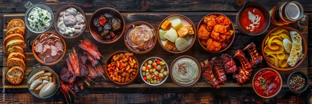 Smoked Meat Snack Beer Set Top View, Barbecue Buffet of Sudzhuk, Horseflesh, Beef Jerky, Cheese Smoked Meat Snack Beer Set Top View, Barbecue Buffet of Sudzhuk, Horseflesh, Beef Jerky, Cheese