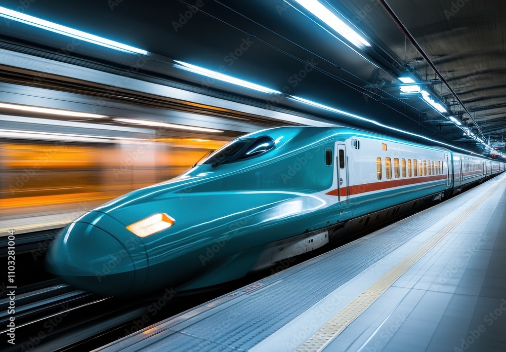 Fototapeta premium Dynamic Shot of a High-Speed Train in Motion Captured in a Modern Station with Vibrant Lights and Streamlined Design