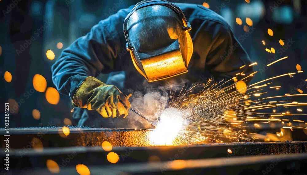 Skilled Craftsman Welding Heavy Machinery Intense Heat, Bright Sparks, Protective Helmet Reflecting Light Expert Industrial Welder at Work, Demonstrating Precision and Safety in Metal Fabrication Skilled Craftsman Welding Heavy Machinery Intense Heat, Bright Sparks, Protective Helmet Reflecting Light Expert Industrial Welder at Work, Demonstrating Precision and Safety in Metal Fabrication