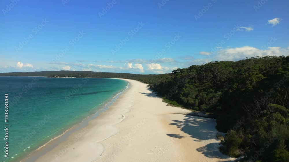 Beautiful white sand beach curving along coast of Australia near Sydney, rising aerial view. Beautiful white sand beach curving along coast of Australia near Sydney, rising aerial view.