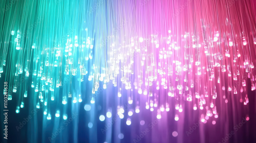 Colorful fiber optic cables glow in vibrant shades of blue, pink, and purple, creating mesmerizing and dynamic visual effect. illuminated strands appear to cascade like waterfall of light Colorful fiber optic cables glow in vibrant shades of blue, pink, and purple, creating mesmerizing and dynamic visual effect. illuminated strands appear to cascade like waterfall of light