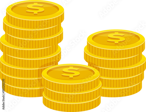 Three stacks of gold coins with a dollar sign on top