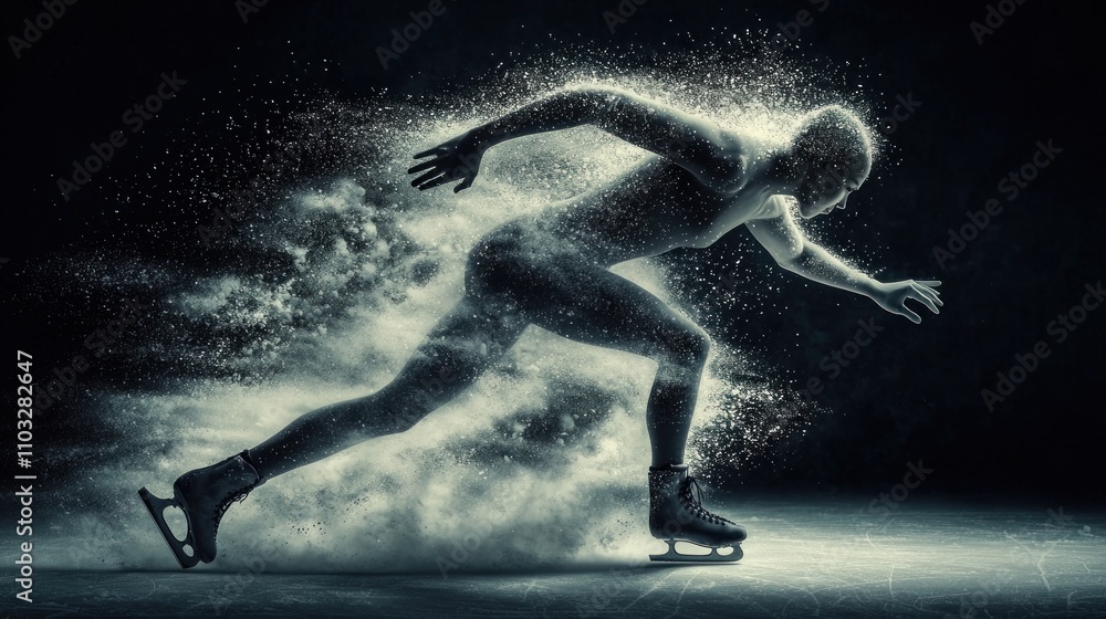 Fototapeta premium Dynamic ice skating performance indoor arena action photography dark environment athlete in motion sport and art fusion