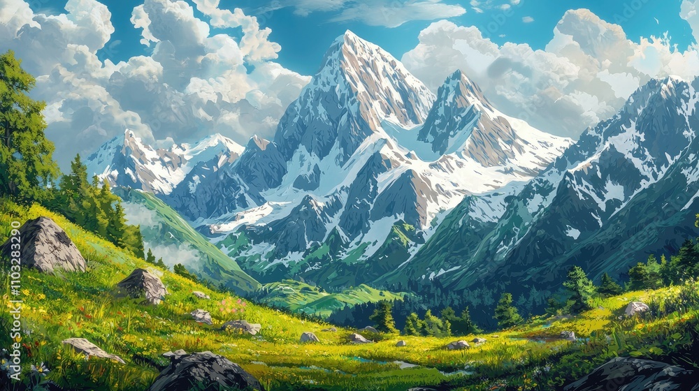 Obraz premium A majestic mountain range with snow-capped peaks, green valleys, and a bright blue sky with puffy clouds.