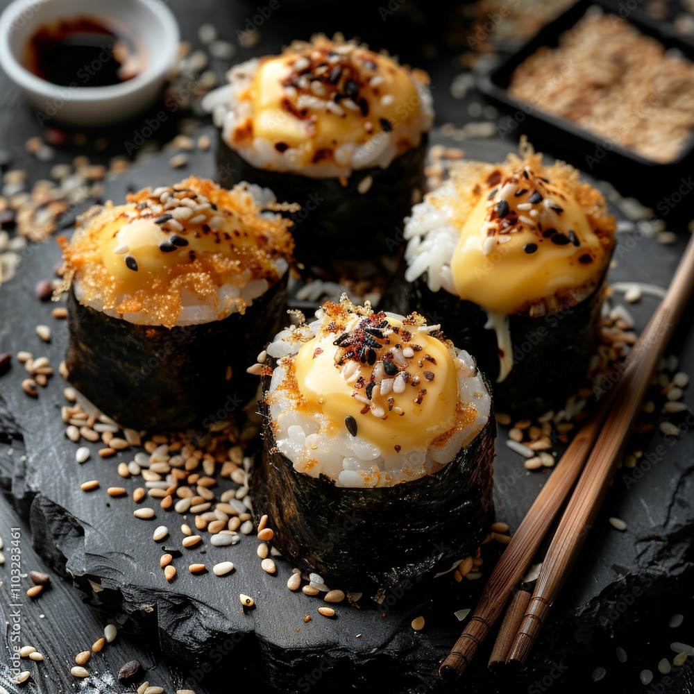 Uramaki Sushi Topped with Cheese and Sauce Surrounded by Raw Rice Grains and Chopsticks Uramaki Sushi Topped with Cheese and Sauce Surrounded by Raw Rice Grains and Chopsticks