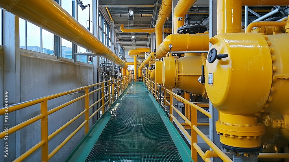 Industrial Plant, Yellow Pipelines and Walkway in a Modern Facility Industrial Plant, Yellow Pipelines and Walkway in a Modern Facility