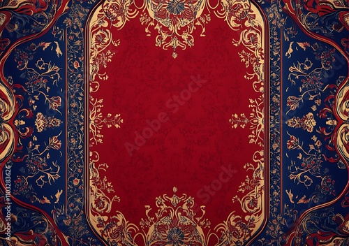 Design an intricate carpet with red background and traditional Persian patterns, suitable for use as the base of the tarot card border. The design should feature rich colors like deep burgundy photo