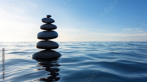 Tranquil rock stack in water, balancing stones, embracing nature serenity serene