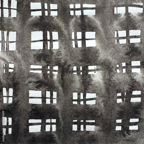 水墨画の背景イラスト、墨で描かれた格子柄、墨の滲み、墨で描いたチェック模様、手描き背景イラスト