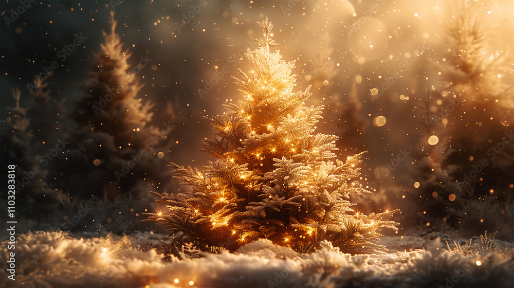 Golden Glowing Christmas Tree background, illuminated by lights in a Forest, with a magical and peaceful feel Golden Glowing Christmas Tree background, illuminated by lights in a Forest, with a magical and peaceful feel