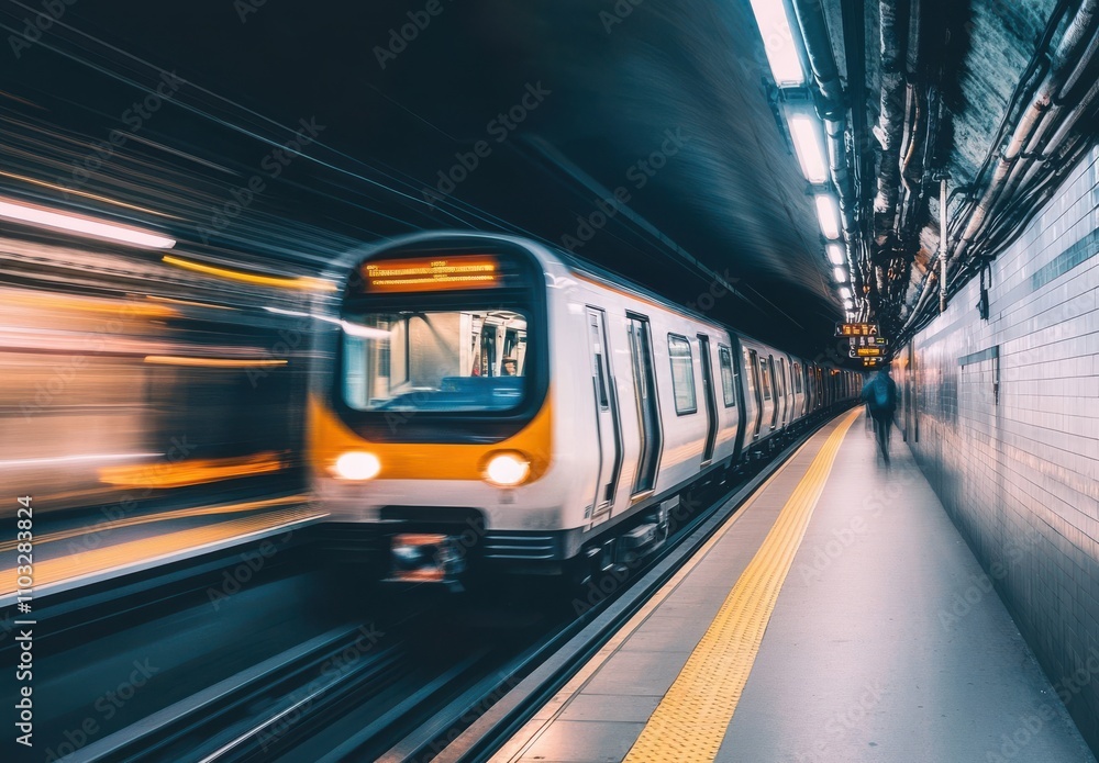 Fototapeta premium Fast-Moving Train in Urban Subway Station with Blurred Motion Effect and Dim Lighting Highlighting the Dynamic Atmosphere of Public Transportation