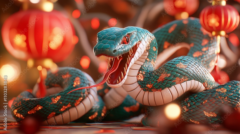 Obraz premium Chinese New Year 2025 snake golden red concept. A vibrant snake surrounded by festive lanterns in a colorful setting.