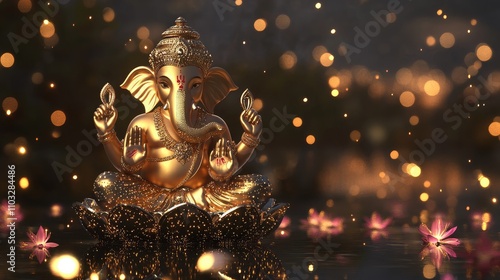 Majestic Golden Ganesh Statue Surrounded by Soft Glowing Lights and Floating Pink Lotus Flowers, Capturing Tranquility and Spiritual Essence in a Serene Setting