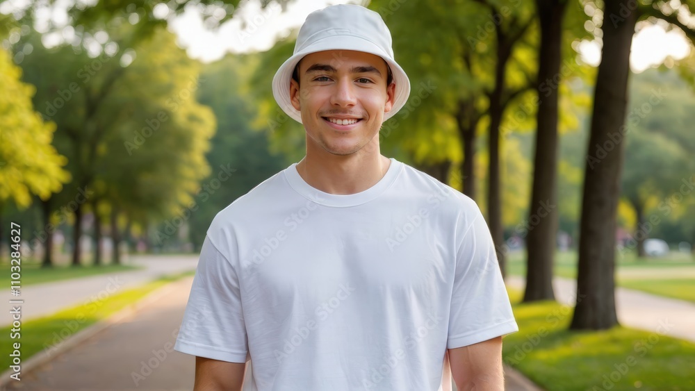Young man wearing white t-shirt and white bucket hat standing in the park