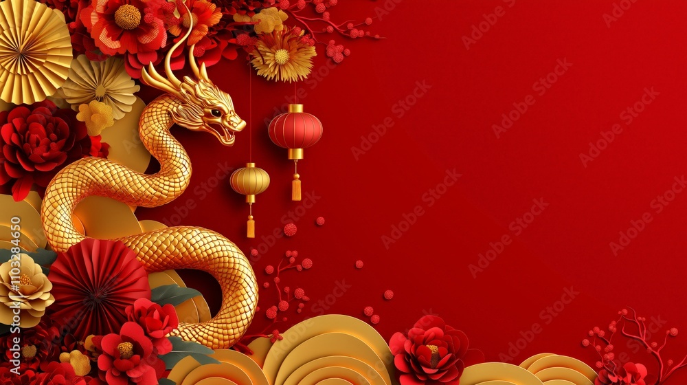 Chinese New Year 2025 snake golden red concept. Golden dragon decoration with red flowers and lanterns on a vibrant background. Chinese New Year 2025 snake golden red concept. Golden dragon decoration with red flowers and lanterns on a vibrant background.