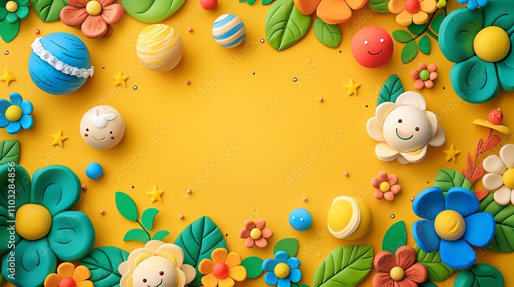 Obraz premium A yellow background with a frame of colorful flowers and leaves, with smiling planets, a smiling sun, and a smiling planet in the center.
