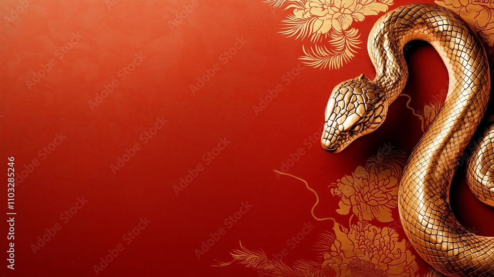 Chinese New Year 2025 snake golden red concept. Intricate golden snake design on a vibrant red background. Chinese New Year 2025 snake golden red concept. Intricate golden snake design on a vibrant red background.