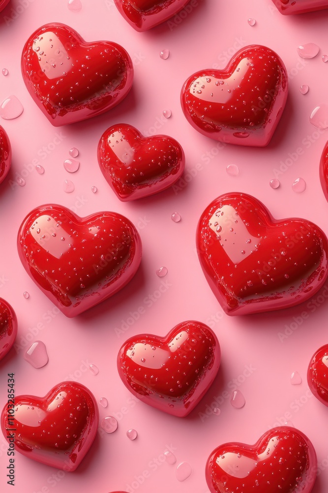 Glossy Red Hearts on Pink Background with Water Droplets for Celebratory Themes and Romantic Occasions, Perfect for Valentine’s Day and Love Decor Glossy Red Hearts on Pink Background with Water Droplets for Celebratory Themes and Romantic Occasions, Perfect for Valentine’s Day and Love Decor