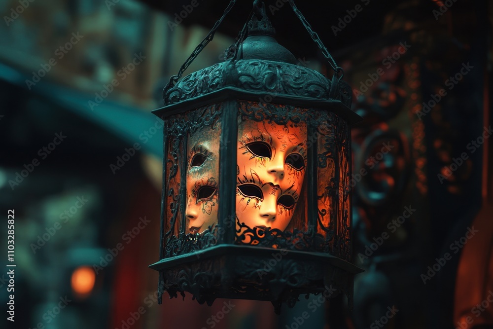 A lantern with three faces inside of it A lantern with three faces inside of it