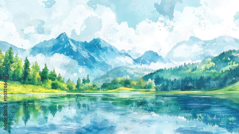 Watercolor Painting of a Mountain Lake with a Forest in the Foreground Watercolor Painting of a Mountain Lake with a Forest in the Foreground