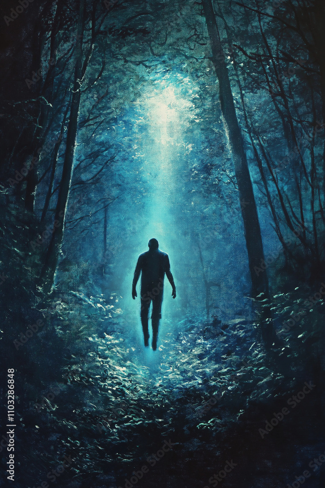 Fototapeta premium alien abduction night forest, blinding light, levitating man, creepy painting, cinematic