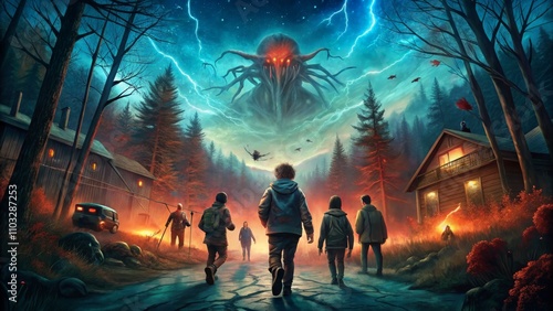 Mysterious forest adventure under a galactic storm with fantasy creature