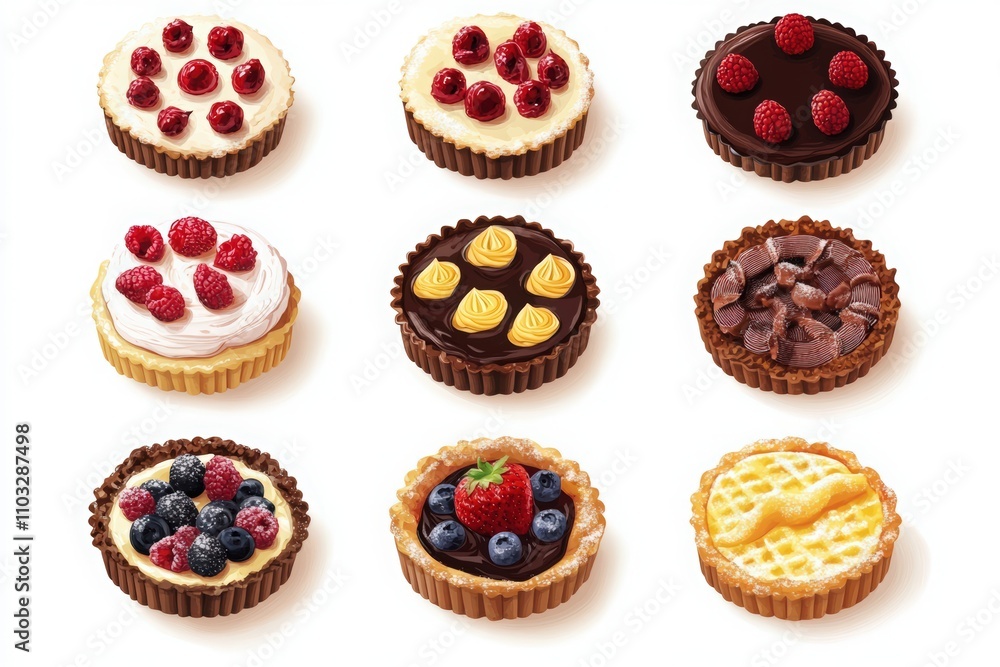 Set of different cakes and pies isolated on a white background. Cakes with berries, round-shaped cakes, chocolate tarts and jam-filled galettes Set of different cakes and pies isolated on a white background. Cakes with berries, round-shaped cakes, chocolate tarts and jam-filled galettes