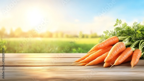 Fresh orange carrots on rustic wooden table, farmtotable healthy eating  photo