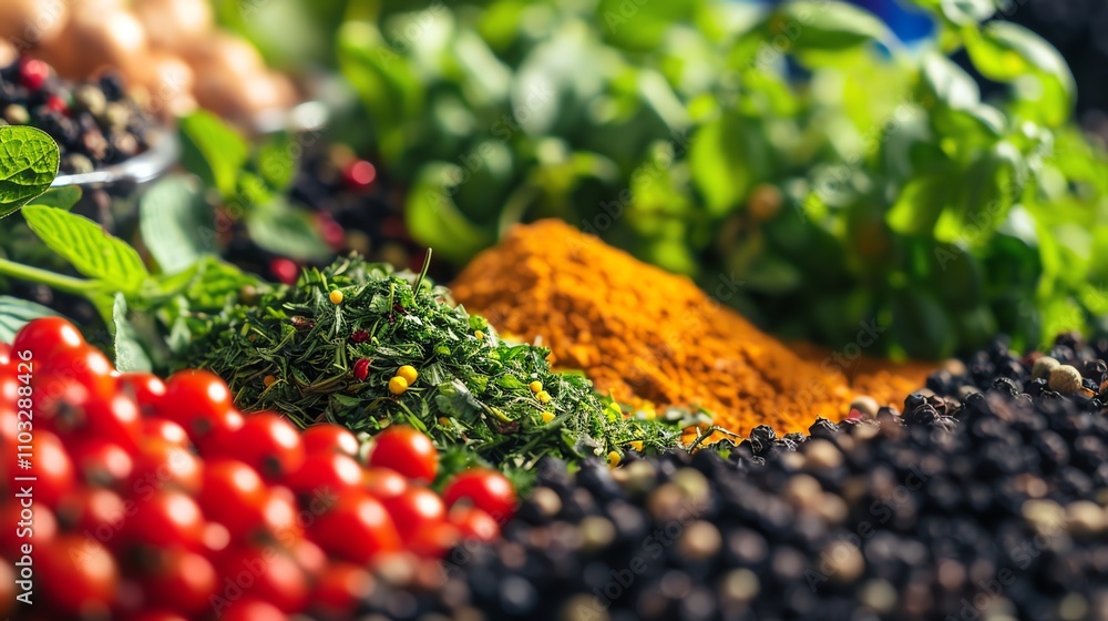 A collection of various spices and herbs including cherry tomatoes, ground turmeric, black peppercorns, and fresh herbs. A collection of various spices and herbs including cherry tomatoes, ground turmeric, black peppercorns, and fresh herbs.