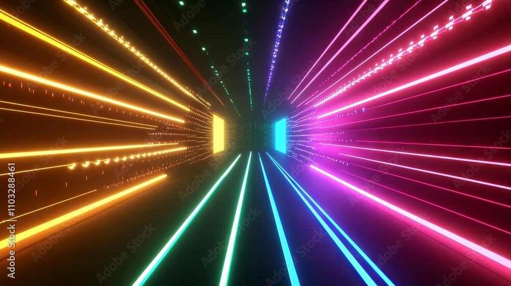 Fototapeta premium Vivid 3d render of an abstract background featuring a colorful spectrum with bright neon rays and glowing lines
