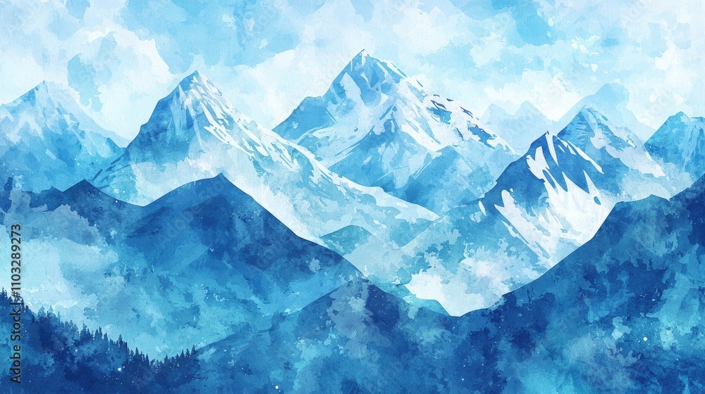 Watercolor Painting of Snow-Capped Mountain Range Watercolor Painting of Snow-Capped Mountain Range