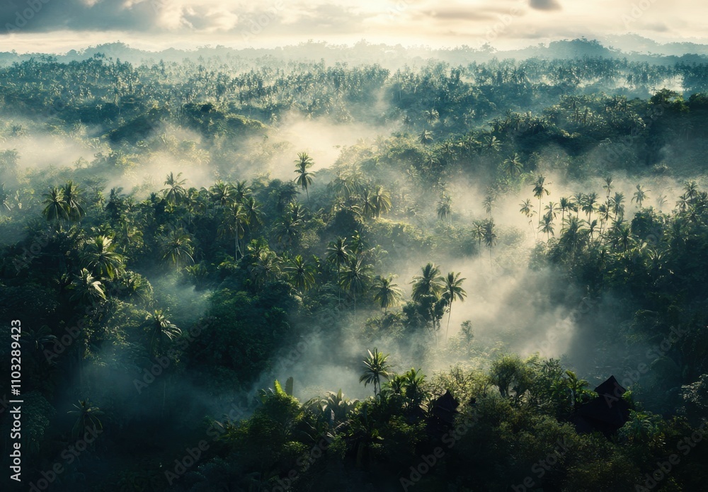 Naklejka premium Lush Tropical Landscape with Morning Fog and Dense Vegetation in an Exotic Wilderness Setting in a Serene Natural Environment