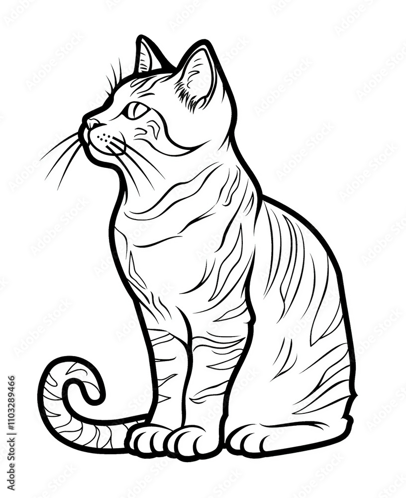 Fototapeta premium Black and white line art illustration of a sitting cat with striped patterns, detailed whiskers, and a curious expression