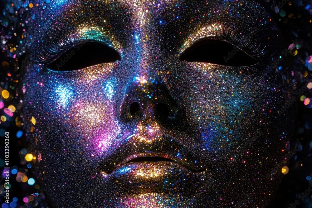A face covered in glitter and a mask A face covered in glitter and a mask