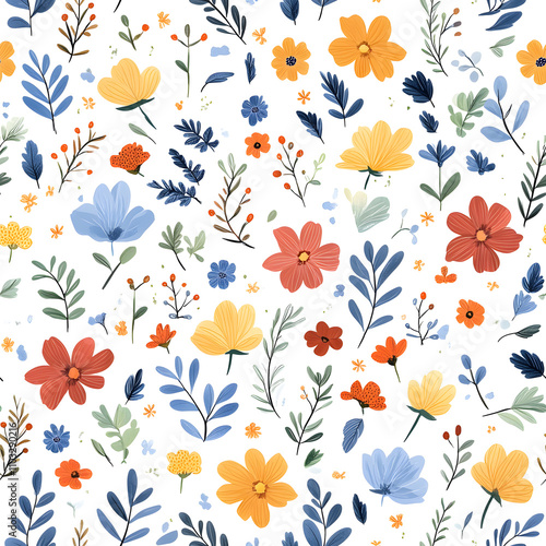 Floral flowers and beautiful colorful leaves wallpaper seamless pattern for interior decoration or background.