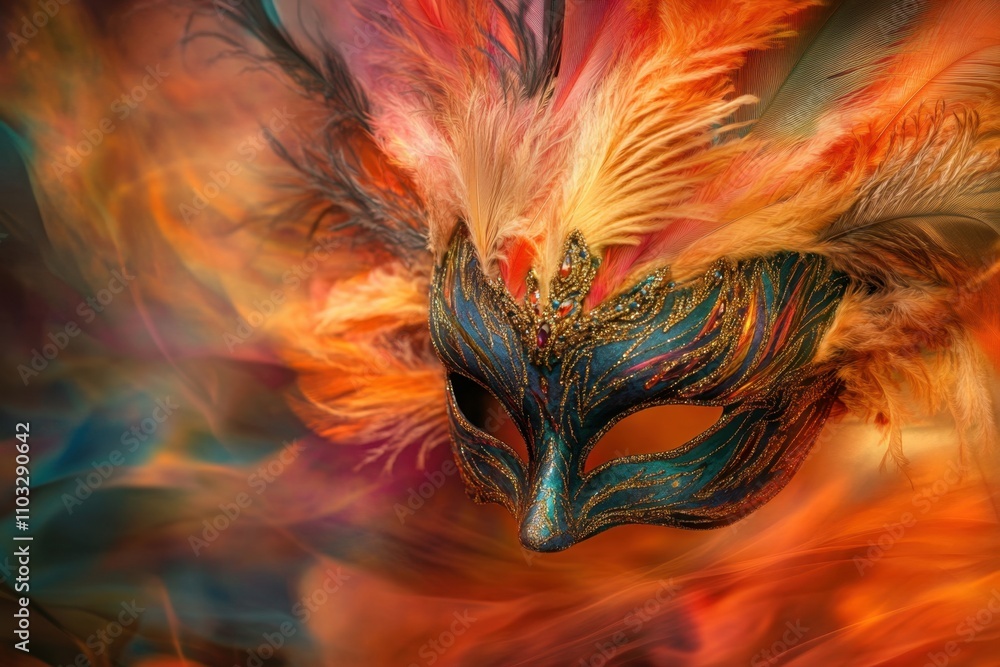 Obraz premium A colorful mask with feathers and gold accents