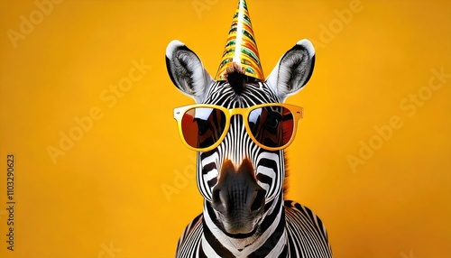 Zebra Party Grooves	Cool zebra celebrates with sunglasses and a party hat. photo