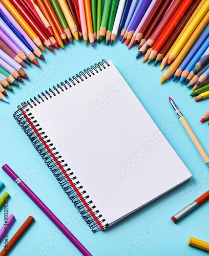 Blank spiral notebook surrounded by colorful pencils arranged neatly on a white background, ready for drawing or sketching