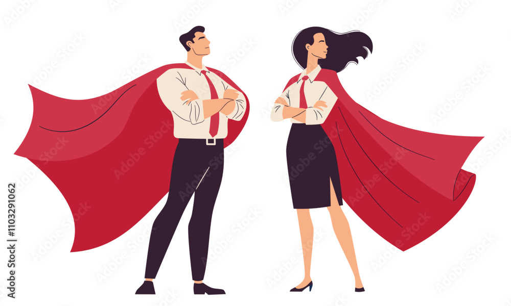 Flat vector illustration. Man and woman in office clothes with superhero cape. Vector illustration Flat vector illustration. Man and woman in office clothes with superhero cape. Vector illustration