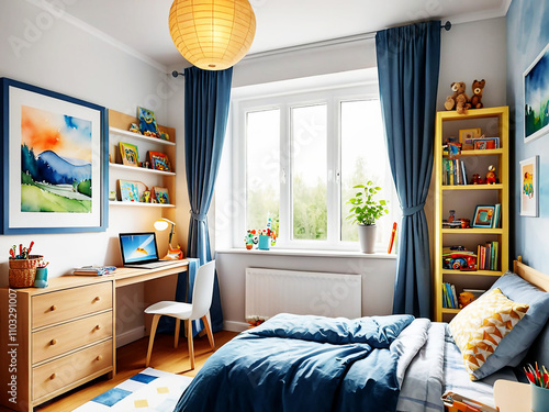 Interior of a small bright room for a boy with a bed and a desk for studying. Watercolor sketch of the interior design concept of a children's room