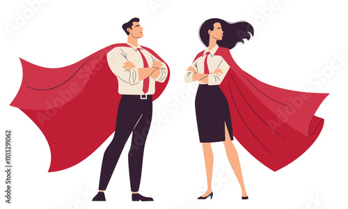 Flat vector illustration. Man and woman in office clothes with superhero cape. Vector illustration