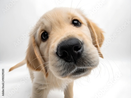 Wide angle photo of a golden retriever puppy, white background, its nose touching the camera. This photo looks like a studio shot photo