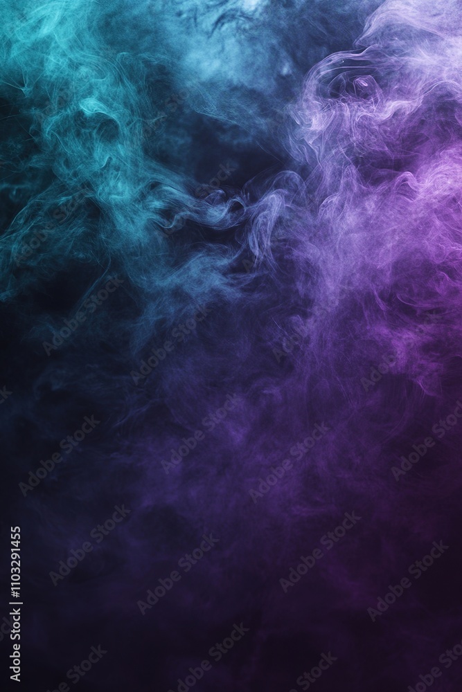 Fototapeta premium Abstract swirling smoke in vibrant purple and teal hues on a dark background, creating a dynamic and ethereal atmosphere