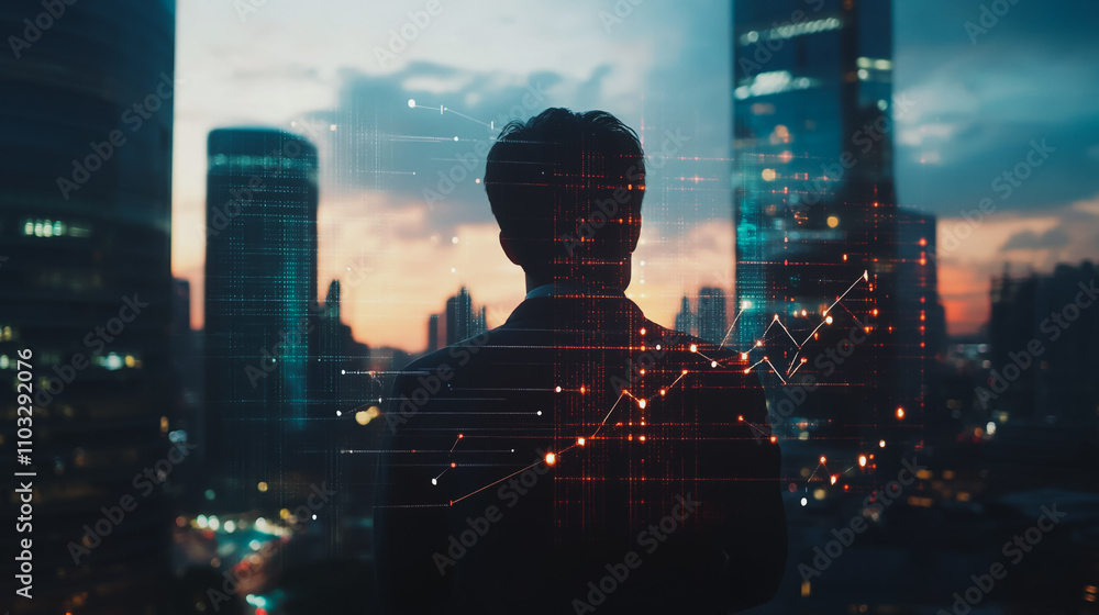 Abstract business man stands on the peak of success amid tall, innovative Smart city and graphs with statistics to analyze business potential and predict future developments in company growth. Abstract business man stands on the peak of success amid tall, innovative Smart city and graphs with statistics to analyze business potential and predict future developments in company growth.